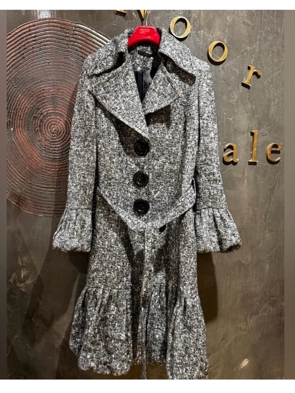 Vintage grey Tweed mid length pea coat Jacket statement sleeve and buttons